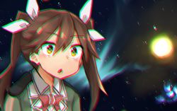 Rule 34 | 10s, 1girl, :o, bad id, bad twitter id, blurry, bow, bowtie, brown hair, chromatic aberration, collared shirt, glowing, green jacket, hair between eyes, hair ribbon, jacket, kantai collection, meme, open mouth, red bow, red bowtie, ribbon, rimukoro, shirt, solo, space, tone (kancolle), upper body, white ribbon, white shirt, yellow eyes