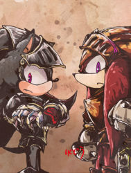 Rule 34 | 2boys, armor, black fur, crossed arms, fang, furry, furry male, holding, holding sword, holding weapon, knuckles the echidna, looking at viewer, multiple boys, no humans, red fur, shadow the hedgehog, sir gaiwin (knuckles), sir lancelot (shadow), sonic (series), sonic and the black knight, sword, weapon