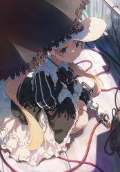 Rule 34 | 1girl, blonde hair, bomb, bow, bowtie, dress, ellie quickhand, explosive, frilled dress, frills, gothic lolita, hat, highres, holding, last origin, lolita fashion, looking at viewer, outdoors, parasol, solo, squatting, sun hat, time bomb, twintails, two-tone dress, umbrella, wide sleeves, wire cutters, wonchun