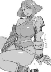Rule 34 | 1girl, belt, black gloves, brandy (musashiden), brave fencer musashiden, breasts, closed mouth, gloves, greyscale, large breasts, leotard, looking at viewer, monochrome, musikolis, short hair, simple background, smile, solo, white background