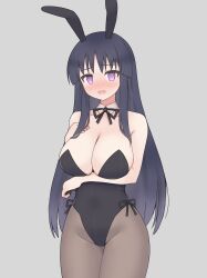 Rule 34 | 1girl, @ @, akeyama, animal ears, arm under breasts, assault lily, bare arms, bare shoulders, black hair, black leotard, black ribbon, blush, breasts, brown pantyhose, cleavage, commentary request, cowboy shot, detached collar, embarrassed, fake animal ears, grey background, groin, hand on own chest, hands up, highleg, highleg leotard, highres, large breasts, leotard, long hair, looking at viewer, neck ribbon, nose blush, pantyhose, parted lips, playboy bunny, purple eyes, rabbit ears, ribbon, shirai yuyu, side-tie leotard, sidelocks, simple background, solo, standing, strapless, strapless leotard, very long hair