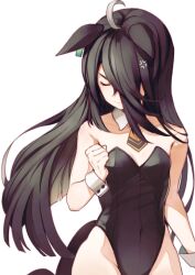 Rule 34 | 1girl, ahoge, alternate costume, anger vein, angry, bare shoulders, black hair, black leotard, breasts, clenched hand, closed eyes, covered navel, detached collar, ear down, frown, groin, hair over one eye, hand up, highres, leotard, long hair, manhattan cafe (umamusume), necktie, shiro3necro, short necktie, simple background, small breasts, solo, umamusume, upper body, v-shaped eyebrows, white background, wrist cuffs, yellow necktie