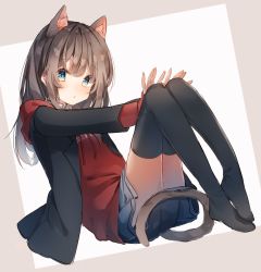 Rule 34 | 1girl, :o, absurdres, animal ears, black jacket, black skirt, black thighhighs, blazer, blue eyes, blush, brown hair, cat ears, cat girl, cat tail, clothes writing, drawstring, full body, heripiro, highres, hood, hood down, hoodie, jacket, knees up, long hair, looking at viewer, miniskirt, no shoes, open clothes, open jacket, original, parted lips, pleated skirt, reclining, sidelocks, simple background, skirt, solo, tail, thighhighs, wing collar