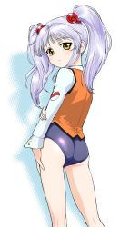 Rule 34 | 1girl, ass, back, blue hair, blush, flat ass, hoshino ruri, kidou senkan nadesico, long hair, long sleeves, looking at viewer, looking back, no pants, one-piece swimsuit, school swimsuit, solo, swimsuit, swimsuit under clothes, twintails, ueyama michirou, uniform, yellow eyes