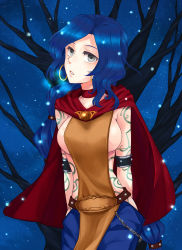 Rule 34 | 1girl, alternate costume, armband, arms behind back, blue hair, breasts, cape, chain, collar, earrings, grey eyes, highres, ilris, jewelry, large breasts, league of legends, long hair, sideboob, solo, soraka (league of legends), star (symbol), tree, very long hair