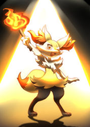 Rule 34 | 1girl, animal ear fluff, animal ears, animal feet, animal hands, animal nose, arm up, backlighting, black fur, blush, body fur, braixen, creatures (company), enden (slcn040), fang, female focus, fire, flat chest, fox ears, fox girl, fox tail, full body, furry, furry female, game freak, gen 6 pokemon, happy, highres, holding, holding stick, looking at viewer, neck fur, nintendo, one eye closed, open mouth, outstretched arm, pokemon, pokemon (creature), pyrokinesis, red eyes, shadow, smile, snout, solo, stage lights, standing, stick, tail, white fur, wink, yellow fur