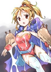 Rule 34 | 1girl, blonde hair, breasts, brown eyes, cape, earrings, final fantasy, final fantasy v, highres, jewelry, konomi uo, krile mayer baldesion (ff5), leotard, long hair, looking at viewer, open mouth, ponytail, simple background, slime (substance), slug, solo, thighhighs