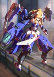 Rule 34 | 1girl, alice gear aegis, blonde hair, commentary request, deltamegasiki, floating, floating object, green eyes, gun, highres, holding, holding gun, holding weapon, leotard, mecha musume, noelle francesca, ponytail, smile, solo, weapon