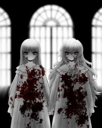 Rule 34 | 1boy, 1girl, angelica (project moon), argalia (project moon), binsusoda, blood, blood on clothes, blood on face, brother and sister, closed mouth, cowboy shot, empty eyes, expressionless, greyscale, highres, indoors, library of ruina, long sleeves, looking at viewer, monochrome, nightgown, project moon, second-party source, siblings, sidelocks, smile, spot color, window