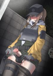 Rule 34 | 1boy, absurdres, armband, bag, baseball cap, belt, black panties, black pantyhose, blue eyes, blush, bow, bow panties, brown hair, buckle, censored, clothes lift, clothes pull, covered testicles, crossdressing, dima (girls&#039; frontline), erection, from below, girls&#039; frontline, gloves, grey hoodie, grey shirt, hat, highres, hood, hoodie, jacket, lifted by self, long sleeves, looking at penis, looking down, mojamozanari, mosaic censoring, open clothes, open jacket, open mouth, outdoors, panties, pantyhose, pantyhose pull, penis, penis in panties, penis out, polka dot, polka dot panties, ponytail, shirt, skirt, skirt lift, snap-fit buckle, solo, solo focus, standing, steaming body, testicle peek, thigh strap, thighs, tongue, trap, underwear, yellow jacket