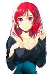 Rule 34 | 10s, 1girl, arms at sides, bare shoulders, bead necklace, beads, breasts, cleavage, green ribbon, hair ribbon, hand on own chest, jewelry, large breasts, looking at viewer, looking up, love live!, love live! school idol festival, love live! school idol project, nail polish, necklace, nishikino maki, off shoulder, parted lips, pink nails, purple eyes, red hair, ribbon, simple background, sketch, solo, tibino, upper body, white background