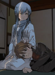 Rule 34 | 1boy, 1girl, absurdres, black hair, black jacket, blush, brown eyes, brown hair, buttons, closed mouth, commentary request, eyes visible through hair, hair between eyes, hand on another&#039;s head, highres, indoors, jacket, japanese clothes, kimono, lap pillow, long hair, long sleeves, lying, lying on person, multicolored hair, nura rikuo, nurarihyon no mago, oikawa tsurara, open clothes, open jacket, rasupekuto, red shirt, scarf, shirt, short hair, sidelocks, sitting, smile, sweatdrop, two-tone hair, white hair, white kimono, yellow eyes, yuki onna (nurarihyon no mago)