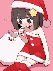 Rule 34 | 1girl, black eyes, black hair, blush, bob cut, christmas, collarbone, dokan (dkn), dress, dress tug, embarrassed, flying sweatdrops, fur-trimmed dress, fur-trimmed headwear, fur-trimmed thighhighs, fur trim, hair ornament, hat, jaggy lines, medium hair, open mouth, original, pink background, red hat, red thighhighs, sack, santa hat, simple background, sitting, solo, star (symbol), star hair ornament, strapless, strapless dress, thighhighs, zettai ryouiki