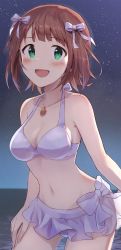 Rule 34 | 1girl, :d, absurdres, amami haruka, bikini, bikini skirt, blunt bangs, bow, brown hair, collarbone, commentary request, commission, evening, green eyes, hair bow, hair ribbon, halterneck, highres, idolmaster, idolmaster (classic), jewelry, navel, necklace, open mouth, outdoors, pixiv commission, purple bikini, purple bow, purple ribbon, ribbon, short hair, shuucream (syuichi), sky, smile, solo, star (sky), starry sky, swimsuit
