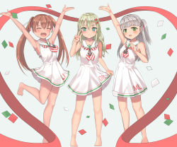 Rule 34 | 3girls, anchor, anchor hair ornament, arm up, armpits, arms up, barefoot, blonde hair, blunt bangs, blush, bow, brown hair, closed eyes, clothes writing, confetti, dark-skinned female, dark skin, dress, fang, full body, grecale (kancolle), grey background, hair bow, hair ornament, hair ribbon, highres, kantai collection, leg up, libeccio (kancolle), long hair, maestrale (kancolle), multiple girls, one side up, open mouth, ribbon, sailor dress, silver hair, smile, standing, striped neckwear, sumomo (sumomonokiky), tan, twintails, v