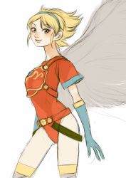 Rule 34 | 1girl, angel wings, armor, blonde hair, blue eyes, breath of fire, breath of fire i, closed mouth, elbow gloves, feathered wings, gloves, hairband, highres, kannoaki, leotard, looking at viewer, nina (breath of fire i), red leotard, short hair, simple background, solo, thighhighs, white background, white wings, wings