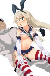 Rule 34 | 10s, 1boy, 1girl, ass grab, black panties, blush, breasts, clitoris, clothed sex, clothes lift, clothing aside, eyebrows, hair ornament, hat, hetero, highres, kantai collection, long hair, man0., nipples, open mouth, panties, panties aside, penis, pussy, sex, shimakaze (kancolle), shiny skin, shirt, shirt lift, simple background, small breasts, striped legwear, sweat, tears, uncensored, underwear, vaginal, white background