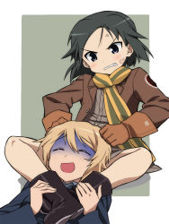 Rule 34 | 10s, 2girls, anger vein, angry, asphyxiation, bad id, bad pixiv id, bandaid, bandaid on face, between legs, black hair, blonde hair, brave witches, clenched teeth, closed eyes, gloves, headlock, kanno naoe, leg lock, multiple girls, open mouth, scarf, scissorhold, short hair, strangling, strike witches, striped clothes, striped scarf, teeth, tonbi, turn pale, veins, waltrud krupinski, world witches series
