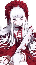 Rule 34 | 1girl, absurdres, blood, blood on face, blunt bangs, commentary request, dress, eyeliner, frilled dress, frilled hairband, frills, grey eyes, grey pupils, hairband, highres, hime cut, lolita fashion, long hair, long sleeves, looking at viewer, makeup, neck ribbon, parted lips, red dress, red ribbon, ribbon, sidelocks, simple background, sitting, solo, straight hair, thigh strap, thighhighs, thighs, urkt 10, very long hair, white background, white hair, white thighhighs