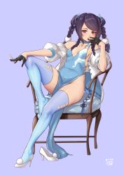 Rule 34 | 1girl, black gloves, blue hair, blue thighhighs, breasts, chair, feet, finalcake, full body, girls&#039; frontline, gloves, half gloves, high heels, highres, jill stingray, looking at viewer, no bra, no panties, pa-15 (alluring larkspur) (girls&#039; frontline), pa-15 (girls&#039; frontline), red eyes, revealing clothes, shoes, unworn shoes, single shoe, small breasts, smoke, thighhighs, va-11 hall-a, white background, white footwear