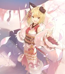 Rule 34 | 1girl, animal ears, arm up, bare shoulders, blonde hair, blurry, blurry background, blush, breasts, brown eyes, cherry blossoms, coat, commentary request, detached sleeves, dog ears, dog girl, flower, full body, granblue fantasy, hair flower, hair ornament, highres, japanese clothes, kimono, long sleeves, medium breasts, open mouth, outdoors, rope, sawayaka samehada, short hair, small breasts, smile, solo, tagme, tree, umbrella, vajra (granblue fantasy), yukata