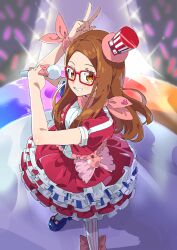 Rule 34 | 1girl, akai meganee, arm up, audience, bow, brown eyes, brown hair, collared shirt, cropped jacket, foot out of frame, frilled skirt, frills, from above, glasses, glowstick, hand up, hat, highres, holding, holding microphone, idol, jacket, long hair, looking at viewer, microphone, mini hat, mini top hat, open mouth, penlight (glowstick), pink bow, pretty series, pripara, puffy short sleeves, puffy sleeves, red-framed eyewear, red jacket, red skirt, shirt, short sleeves, skirt, smile, solo, sparkle, stage, stage lights, standing, top hat, tsujii luki, white shirt
