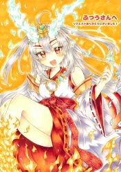 Rule 34 | 1girl, absurdres, ahoge, commission, commissioner name, detached sleeves, duel monster, fiery horns, fire, grey hair, highres, horns, ichinose haruka, kurikara divincarnate, looking at viewer, marker (medium), nontraditional miko, red eyes, skeb commission, smile, solo, traditional media, white hair, yu-gi-oh!