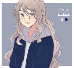 Rule 34 | 1girl, alternate costume, blue jacket, blush, brown eyes, character name, doraimon0312, grey hair, hair between eyes, hood, hooded jacket, jacket, kantai collection, long hair, long sleeves, parted lips, pola (kancolle), solo, two-tone background, upper body, very long hair, wavy hair