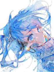 Rule 34 | 1girl, absurdres, blue eyes, blue hair, blue theme, crying, crying with eyes open, dutch angle, ene (kagerou project), eyelashes, floating hair, headphones, highres, kagerou project, long hair, looking at viewer, looking to the side, matchazi, portrait, sideways glance, simple background, solo, tears, turtleneck, twintails, white background
