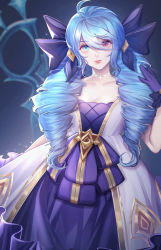 Rule 34 | absurdres, ahoge, blue eyes, blue hair, bow, breasts, cleavage, dress, drill hair, eyes visible through hair, gold trim, gwen (league of legends), hand in own hair, heterochromia, highres, league of legends, lolita fashion, looking at viewer, purple eyes, saikayo, scissors, smile, sparkle, stitched neck, stitches, twin drills