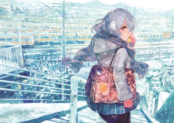 Rule 34 | 1girl, bag, blue scarf, blue skirt, closed mouth, cowboy shot, day, earmuffs, from behind, gloves, highres, holding, hood, hood down, hoodie, light smile, long sleeves, looking at viewer, looking back, original, outdoors, pantyhose, pink gloves, pleated skirt, power lines, purple pantyhose, railing, railroad tracks, red eyes, rioka (southern blue sky), scarf, school uniform, short hair, shoulder bag, silver hair, skirt, smile, snow, snowing, solo, standing, train, tree, utility pole