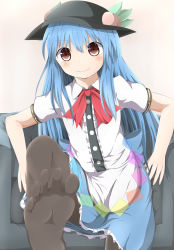 Rule 34 | 1girl, absurdres, bad id, bad pixiv id, black pantyhose, blue hair, feet, food, foot focus, fruit, hat, highres, hinanawi tenshi, masa masa, no shoes, pantyhose, peach, red eyes, soles, solo, toes, touhou
