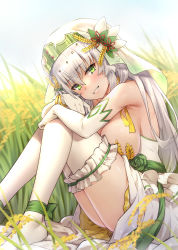 Rule 34 | 1girl, absurdres, bad id, bad pixiv id, bare shoulders, blush, bracelet, breasts, dong-jin rice-hime, dress, elbow gloves, frilled dress, frills, gloves, green eyes, hair between eyes, hair ornament, highres, jewelry, knees up, large breasts, long hair, looking at viewer, sash, sideboob, silver hair, sitting, smile, solo, suiji, sundress, thighhighs, try (lsc), veil, wheat, white dress, white gloves, white thighhighs