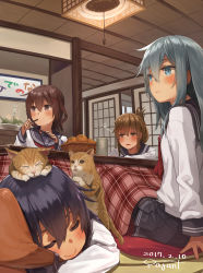Rule 34 | 10s, 2017, 4girls, akatsuki (kancolle), anchor symbol, animal, animal on head, arm rest, basket, blouse, blue eyes, blush, breasts, brown eyes, brown hair, cat, cat on head, ceiling, ceiling light, closed eyes, closed mouth, controller, cup, cushion, dated, drowsy, fighting stance, folded ponytail, food, fruit, hair between eyes, hair ornament, hairclip, hibiki (kancolle), holding, holding pencil, ikazuchi (kancolle), inazuma (kancolle), indoors, kantai collection, kotatsu, light smile, long hair, long sleeves, looking at viewer, looking away, lying, mandarin orange, miniskirt, mouth hold, multiple girls, neckerchief, no headwear, hugging object, on floor, on head, on stomach, pajant, pantyhose, parted lips, pencil, pillow, pillow hug, plaid, plant, pleated skirt, red neckerchief, remote control, school uniform, serafuku, shirt, shouji, sidelocks, signature, silver hair, sitting, skirt, sleeping, sleepy, sliding doors, small breasts, smile, table, tatami, under kotatsu, under table, vase, wall, wavy mouth, white shirt, yunomi
