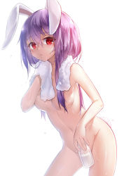 Rule 34 | 1girl, animal ears, bobomaster, bottle, convenient censoring, dripping, drying, looking at viewer, milk bottle, nude, rabbit ears, rabbit girl, rabbit tail, reisen udongein inaba, solo, tail, toned, touhou, towel, water