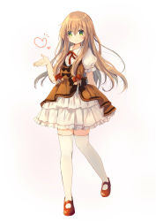 Rule 34 | 1girl, absurdres, asanagi kurumi (panda-doufu), blush, bow, brown dress, closed mouth, collared shirt, commentary request, dress, frilled skirt, frills, full body, green eyes, hair between eyes, hair bow, heart, highres, layered skirt, light brown hair, long hair, low-tied long hair, mary janes, original, puffy short sleeves, puffy sleeves, red bow, red footwear, red ribbon, ribbon, shirt, shoes, short sleeves, simple background, skirt, smile, solo, standing, standing on one leg, thighhighs, very long hair, white background, white shirt, white skirt, white thighhighs