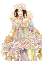 Rule 34 | 1girl, breasts, cleavage, commentary request, curly hair, dress, elbow gloves, flower, gloves, lomacchi, long hair, painting (medium), princess white rose, rose, saga, saga frontier, solo, traditional media, watercolor (medium), white flower, white rose