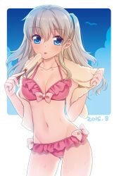 Rule 34 | 10s, 1girl, bikini, blue eyes, blush, breasts, charlotte (anime), cleavage, licking, long hair, looking at viewer, navel, popsicle, silver hair, sky, solo, sweat, swimsuit, tomori nao, tongue, tongue out, touon, towel, twintails, two side up