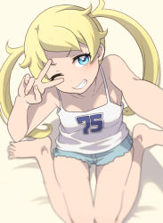 Rule 34 | 10s, 1girl, bare shoulders, barefoot, blonde hair, blue eyes, blush, breasts, feet, grin, head tilt, kiratto pri chan, kneeling, long hair, looking at viewer, mattaku mousuke, moegi emo, no bra, one eye closed, parted lips, pretty series, reaching, reaching towards viewer, selfie, shadow, shirt, shorts, simple background, sitting, small breasts, smile, solo, tank top, teeth, twintails, v, v over eye, white background, white shirt, wink