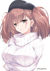 Rule 34 | 1girl, atlanta (kancolle), beret, black hat, blush, breasts, brown hair, commentary request, crossed arms, earrings, grey eyes, hat, jewelry, kantai collection, large breasts, long hair, mikage takashi, open mouth, ribbed sweater, solo, star (symbol), star earrings, sweater, swept bangs, turtleneck, turtleneck sweater, twitter username, two side up, upper body, white background, white sweater