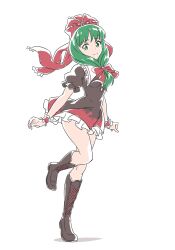 Rule 34 | 1girl, boots, bow, brown dress, dress, frilled dress, frilled ribbon, frills, front ponytail, full body, green eyes, green hair, gyouza (mhea5724), hair bow, hair ribbon, high heel boots, high heels, highres, kagiyama hina, looking at viewer, medium hair, red ribbon, ribbon, short sleeves, simple background, thighs, touhou, white background