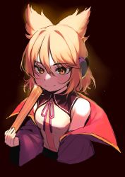 Rule 34 | 1girl, absurdres, bad id, bad twitter id, bare shoulders, blonde hair, blush, breasts, brown background, cape, commentary, cropped torso, earmuffs, glowing, hair between eyes, hand up, highres, light particles, looking at viewer, neck ribbon, off shoulder, pink ribbon, pointy hair, purple cape, red cape, ribbon, ritual baton, shaded face, shirt, sidelocks, sleeveless, sleeveless shirt, small breasts, smile, solo, sparkle, touhou, toyosatomimi no miko, two-sided cape, two-sided fabric, upper body, useq1067, white shirt, yellow eyes