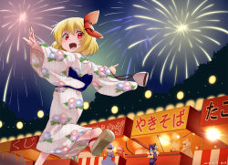 Rule 34 | 6+girls, aerial fireworks, alternate costume, araki (qbthgry), blonde hair, blue kimono, bow, cirno, commentary request, cotton candy, dated, fireworks, floral print, flower, food stand, from behind, from below, fujiwara no mokou, geta, gloves, hair bow, hair ribbon, hat, hitodama, japanese clothes, kawashiro nitori, kimono, kinchaku, long hair, looking at viewer, looking back, mob cap, morning glory, morning glory print, multiple girls, mystia lorelei, night, obi, open mouth, outdoors, outstretched arms, pink gloves, pink hair, pointing, pouch, red eyes, ribbon, rumia, saigyouji yuyuko, sandals, sash, short hair, signature, single glove, sitting, solo focus, spread arms, standing, standing on one leg, striped clothes, striped kimono, touhou, vertical stripes, very long hair, wings, yukata, zouri