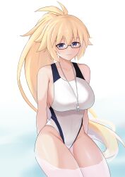 Rule 34 | 1girl, absurdres, black-framed eyewear, blonde hair, blue eyes, breasts, competition swimsuit, fate/grand order, fate (series), glasses, high ponytail, highleg, highleg swimsuit, highres, jeanne d&#039;arc (fate), jeanne d&#039;arc (swimsuit archer) (fate), jeanne d&#039;arc (swimsuit archer) (second ascension) (fate), large breasts, liu han, long hair, one-piece swimsuit, sitting, solo, swimsuit, two-tone swimsuit, very long hair, whistle, whistle around neck, white one-piece swimsuit