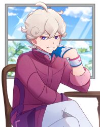 Rule 34 | 1boy, bede (pokemon), blonde hair, chair, cloud, coat, commentary request, creatures (company), crossed legs, curly hair, day, dynamax band, game freak, gloves, hand up, highres, indoors, looking at viewer, male focus, mocacoffee 1001, nintendo, pants, parted lips, pokemon, pokemon swsh, purple coat, purple eyes, short hair, sitting, sky, sleeves rolled up, smile, solo, sparkle, table, white pants, window