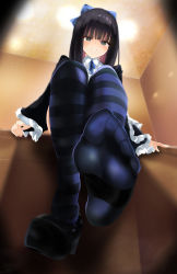 Rule 34 | 1girl, alicemagic, black hair, blue eyes, blue thighhighs, bow, feet, foot focus, from below, hair bow, high heels, highres, long hair, looking at viewer, panty &amp; stocking with garterbelt, parted lips, platform footwear, pov, shoe dangle, shoes, single shoe, sitting, smile, socks, soles, stocking (psg), striped clothes, striped thighhighs, thighhighs, toes, unworn shoes