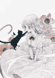 Rule 34 | 1girl, animal, black cat, blush, bow, bowtie, cat, collared shirt, dress, floral background, flower, highres, long hair, monochrome, mouth hold, original, oseto (oxxsexxto), painting (medium), pale skin, shirt, short sleeves, simple background, skirt, solo, spot color, traditional media, v arms, very long hair, watercolor (medium), white background, white hair