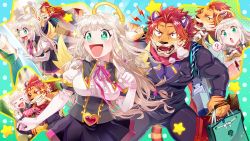Rule 34 | + +, 1boy, 1girl, ?, angel, animal ears, bag, blonde hair, blue background, blush, bow, clothes, clothes hanger, collared shirt, fangs, fangs out, frilled gloves, frills, furry, furry male, gabriel (housamo), gloves, gradient background, gradient hair, green background, green eyes, halo, heart, large pectorals, long hair, looking at another, multicolored hair, multiple views, muscular, muscular male, nomad (housamo), official art, open mouth, pectorals, polka dot, polka dot background, red eyes, red hair, red scarf, ribbon, scarf, shirt, shopping bag, short hair, sidelocks, smile, sparkle, star (symbol), sumi wo hakuneko, sweatdrop, tail, tiger boy, tiger ears, tiger stripes, tiger tail, tokyo houkago summoners, whiskers, white gloves, yawning