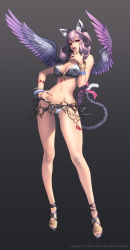 Rule 34 | 1girl, akasha (chaos heroes online), akasha (chaos online), animal ears, animal print, anklet, bangle, bikini, bracelet, breasts, cat ears, cat tail, chaos online, cleavage, company name, contrapposto, dated, finger to mouth, fingernails, full body, gradient background, hand on own hip, high heels, highres, jewelry, large breasts, leopard print, lips, long fingernails, lots of jewelry, love cacao, navel, official art, open shoes, parted lips, purple hair, red eyes, sandals, solo, standing, swimsuit, tail, watermark, wings