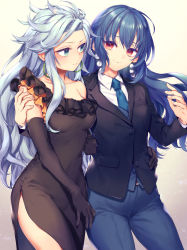 Rule 34 | 2girls, alternate costume, armpit crease, black dress, black gloves, blazer, blue eyes, blue hair, blue necktie, blue pants, blue vest, blush, breasts, buttons, collared shirt, commentary request, commission, dark blue hair, dress, earrings, elbow gloves, fingernails, formal, frilled dress, frills, gloves, gradient background, grey background, hand on another&#039;s shoulder, hand on another&#039;s waist, highres, himemushi momoyo, iizunamaru megumu, jacket, jewelry, large breasts, light blue hair, lips, long hair, long sleeves, looking at another, multiple girls, necktie, pant suit, pants, pocket, pointy ears, pom pom (clothes), red eyes, shirt, side slit, sidelocks, skeb commission, smile, standing, suit, suit jacket, thighs, tomobe kinuko, touhou, vest, white shirt, wing collar